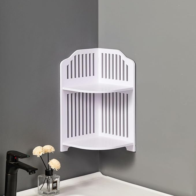 HornTide 2-Tier Corner Shelf, Brief Fashion Organizer Storage Rack, for Cosmetic Doll Potted-Plant Vitamins Supplements Caddy, DIY Desk/Table Decoration, Wood-Plastic Composites, White