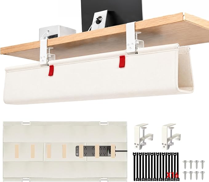 No Drill Under Desk Cable Management Tray, 48" Desk Cable Organizer | Premium Oxford Fabric Cable Management, Clamp Screw Desk Cable Management, Large Capacity Table Cable Organizer for Office