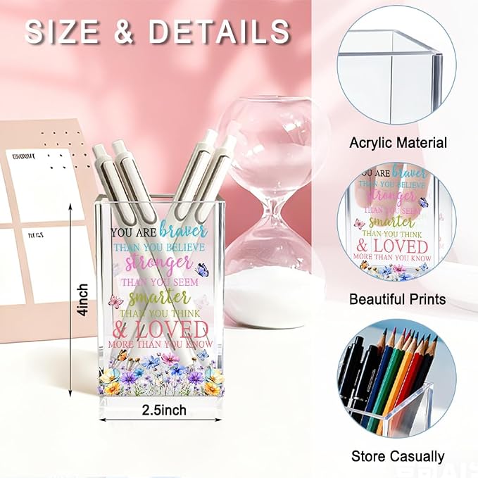 You are Braver Than You Believe Acrylic Pencil Pen Holder Cup, Wildflowers Makeup Brush Storage Organizer, Women Affirmation Desk Accessories Holder, Graduation Gifts for Daughter Niece