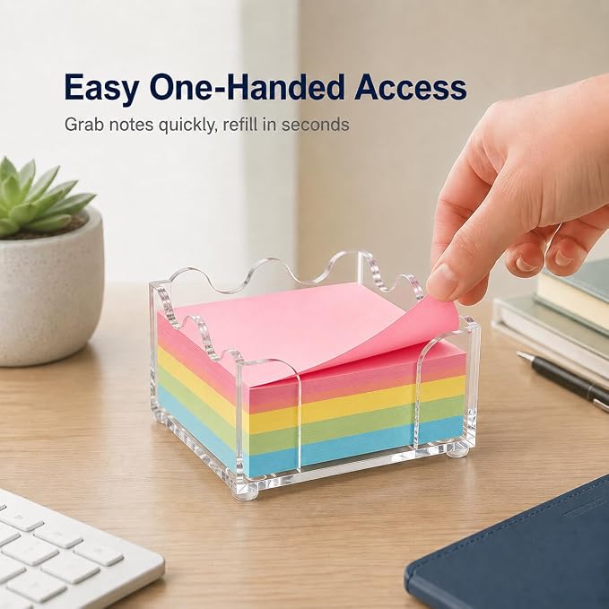 3x3 Inch Scalloped Acrylic Sticky Note Holder, Clear Cute Post It Note Dispenser, Notepad Holder with Wave Design, Thick Acrylic Desk Organizer for Office, Home, Dorm, Classroom (Crystal Clear)