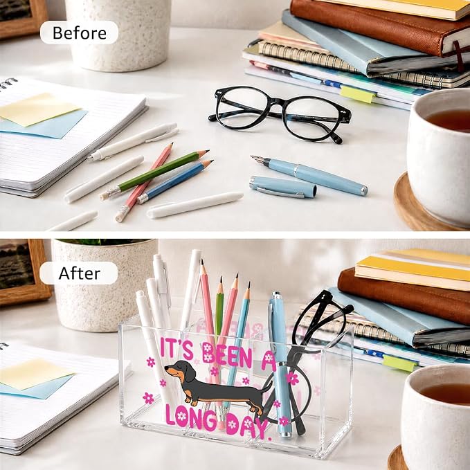 Funny Dachshund Acrylic Pen Holder, 3 Compartment Desk Organizer with “It’s Been a Long Day” Quote, Cute Dog Design for Office Supplies, Office Gifts for Dog Lovers, Women, Coworkers