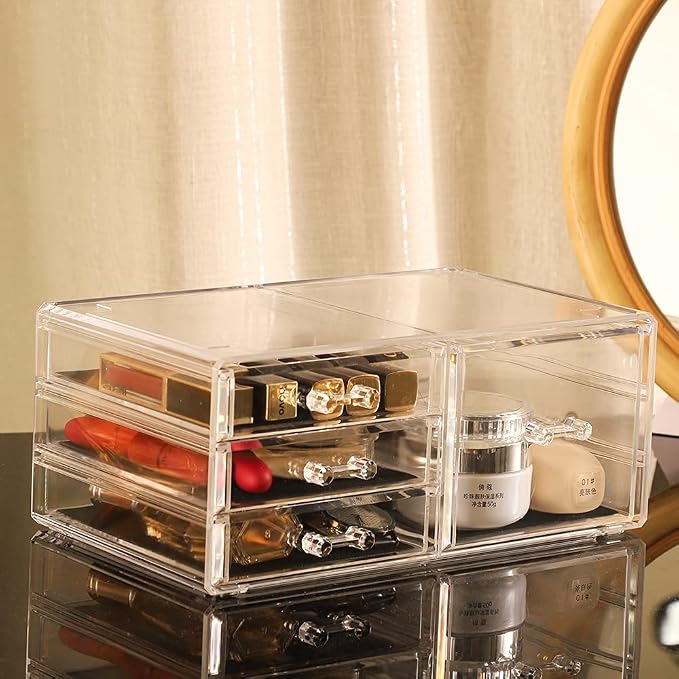 Cq acrylic Clear Stackable Storage Bins,Plastic Medicine Storage Organizer and Small Drawer Organizer with 4 Drawers for Make up,Skincare Produc,Craft,Beauty and Desktop Drawers Organizer Storage
