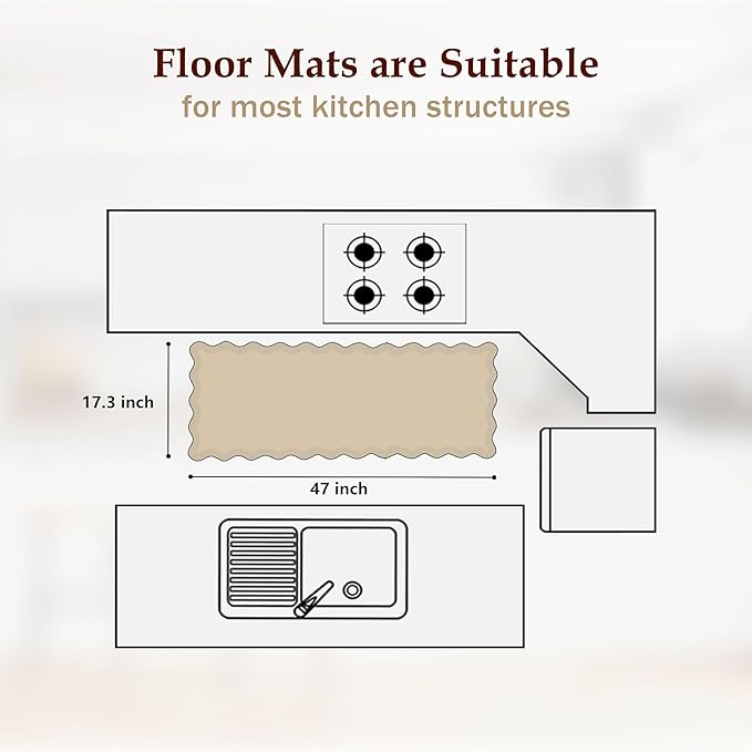 Scalloped Pink Kitchen Mats for Floor Cushioned Anti Fatigue Kitchen Mats Rugs Waterproof Non Slip Farmhouse Boho Floral Comfort Foam Standing Mat for Sink Laundry, 17.3x47