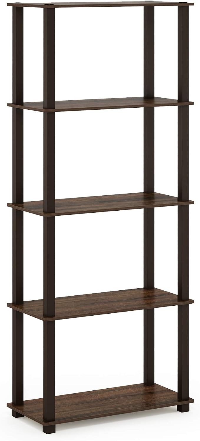 Furinno TURN-S-TUBE Book Shelf, 5-Tier Toolless Storage Shelves with Square Tubes, Shelving Unit for Organization and Storage for Living Room, Home Office, Walnut