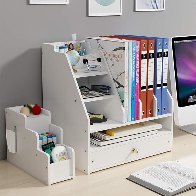 Desk Organizer with Pen Holder, DIY White Office Stationery Desktop Storage Holder Sorter with Drawer for Home, Office and School (PB04)