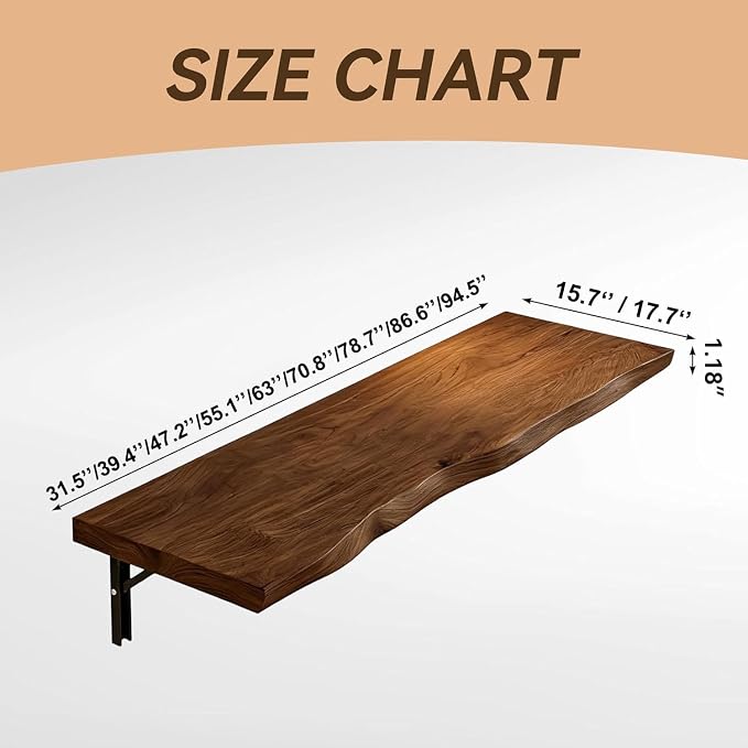 Wall Mounted Folding Desk, 70.8" Rustic Brown Fold Down Table for Kitchen & Laundry with Heavy-Duty Brackets - Space Saving Floating Wall Desk for Small Spaces Solid Wood