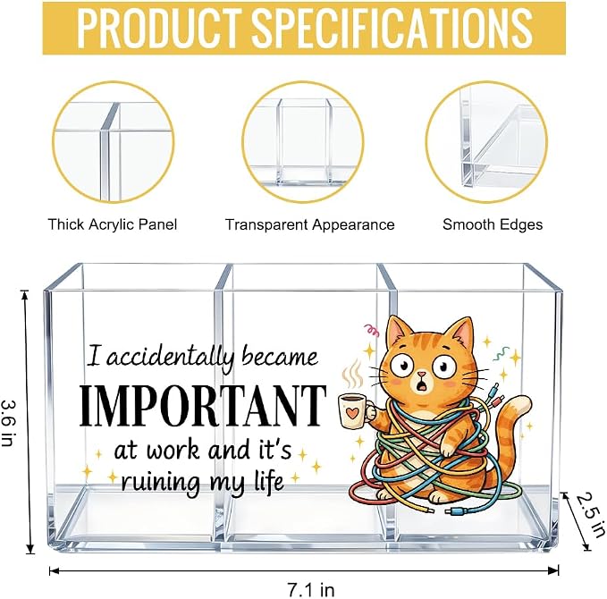 I Accidentally Became Important at Acrylic Pen Holder 3 Compartments, Funny Cat Burnout Clear Desktop Organizer for Office School Home, Office Humor Gifts for Cat Mom Friends Coworkers Boss