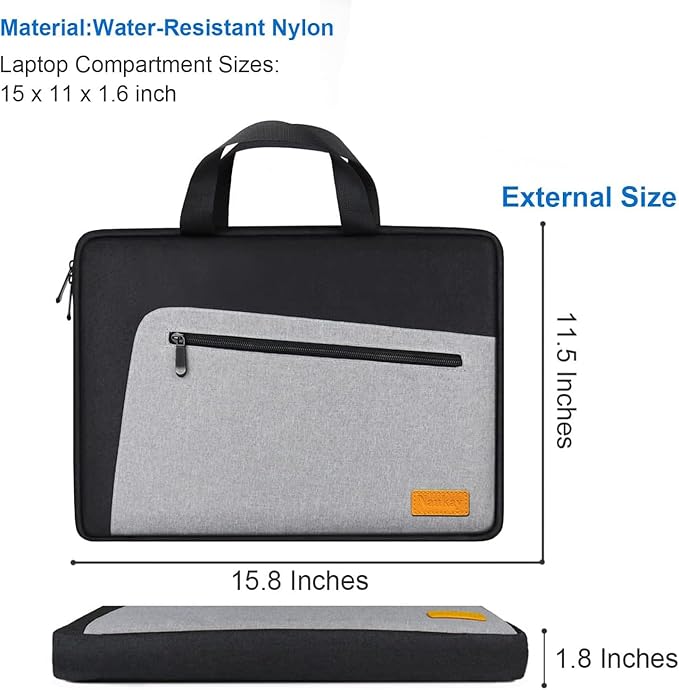Laptop Case, 15.6 Inch Laptop Briefcase Sleeve Shockproof Protective Water Resistant Computer Carrying Bag Compatible with 15.6 inch HP, Dell, Acer, Asus, Lenovo, Notebook, Black Grey