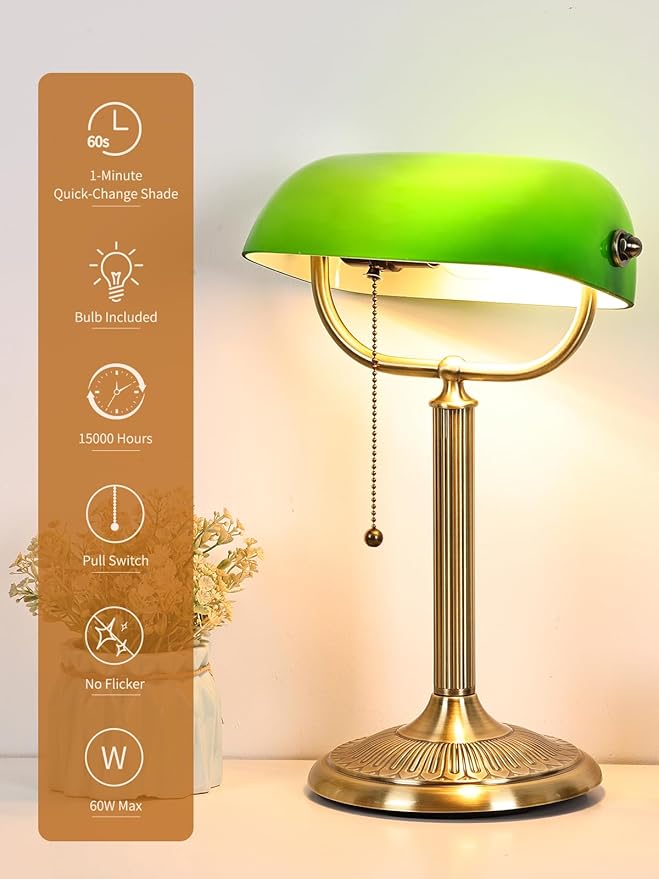 1-Minute Quick-Change Shade Classic Green Glass Bankers Desk Lamp for Study, Office, Library, LED Bulb Included