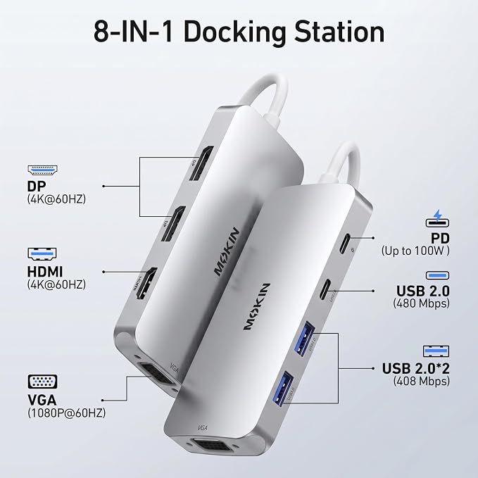 USB C Docking Station Dual DisplayPort, 8 in 1 USB Hub with 2 DP, HDMI, VGA, USB C 2.0, A 2.0, PD Charging Port, Multi Monitor Adapter for Dell/HP Laptops, Silver