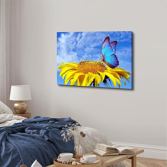 Sunflower Wall Art Bathroom Decor Blue Butterfly Canvas Pictures for Bedroom Sunflower Wall Decor Floral Posters Living Room Kitchen Home Decoration Yellow Sunshine Flower Painting Modern Artwork 24x36"
