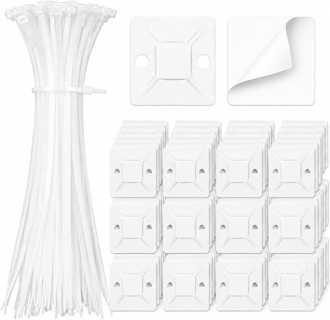 Zip Tie Mounts - SeuYeugX 100 PCS Cable Self Adhesive Mounts Set for Wire Management with Stick Pads Anchors Clips Squares Holders (White)