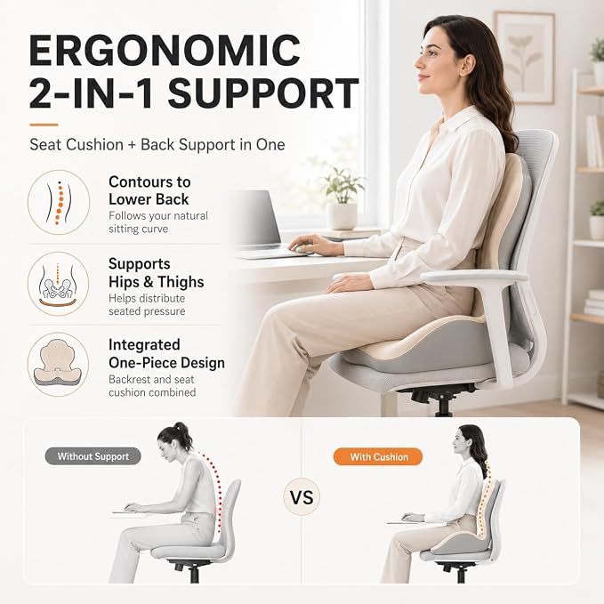 Saker Ergonomic Memory Foam Seat Cushion with Back Support, 2-in-1 Coccyx Cutout Chair Pad for Office, Car, Gaming Chair and Wheelchair, Contoured Lumbar Support for Long Sitting (Green)