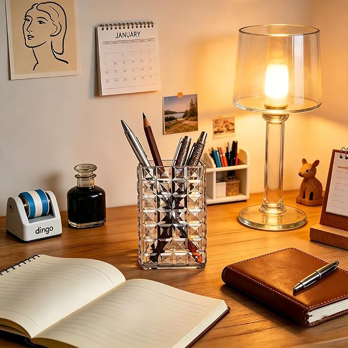 Lebenrich Acrylic Pen Holder Pencil Cup for Desk, 2 Pack Clear Makeup Brush Holder for Vanity, Cute Desk Organizer Office Supplies Accessories Container for Marker Bookmark Straw Coffee Stirrer