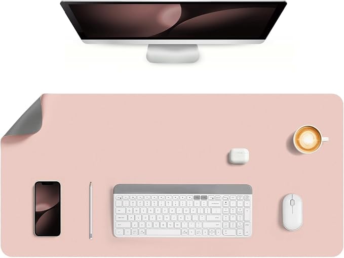 Dual Sided Desk Pad Faux Leather Desk Mat Large Mouse Pad | Desk Pad Protector Non-Slip Waterproof Desk Mouse Pad for Writing Desk, Office, Home(Pink Gray 35.4"X17")