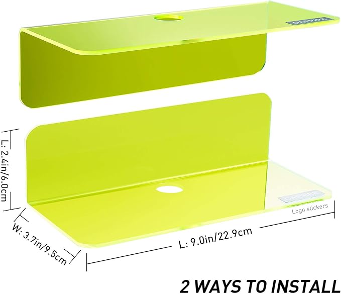 OAPRIRE 9 Inch Floating Wall Shelves Set of 2 - Personalize Expand Wall Space - Acrylic Small Wall Shelf for Bathroom, Bedroom, Living Room, Office, with Cable Clips - Clear Green