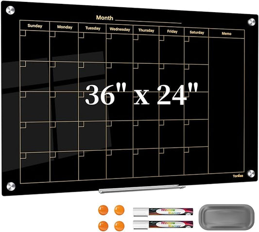 Glass Calendar Dry Erase Board for Wall, TANKEE 36x24 Inches Black Magnetic Glass Whiteboard, Large Monthly Calendar White Board for Office School Home Classroom Kitchen Wall