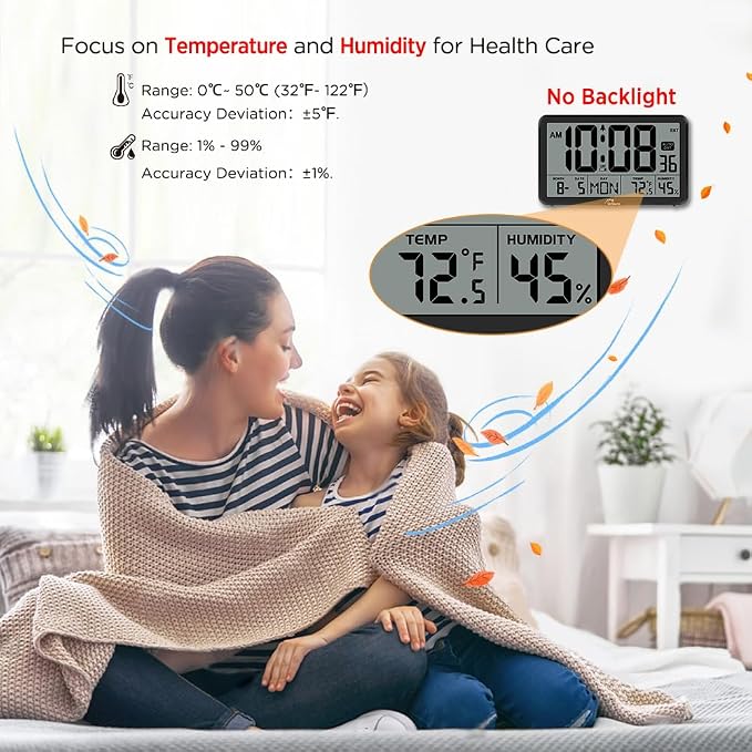 WallarGe Auto Set Digital Wall Clock Battery Operated, Auto DST | Desk Clock with Temperature, Humidity and Date, Large Display Digital Calendar Alarm Clock for Bedroom, Office, Classroom