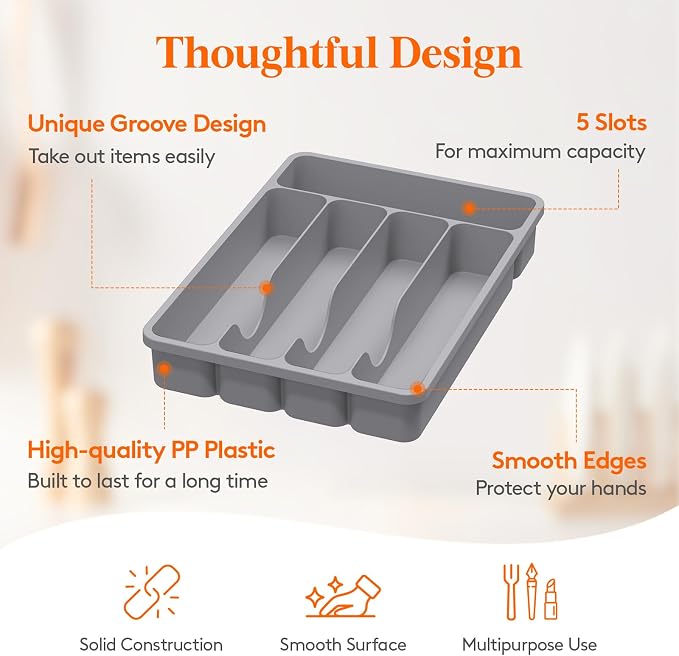 Lifewit Silverware Drawer Organizer Tray, Plastic Cutlery Storage for Kitchen, Flatware and Utensil Holder Divider for Spoons Forks Knives Tableware, 9.1 x 12.6", 5 Slots, Gray