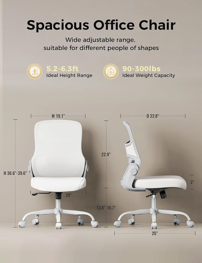 Mesh Office Chair, Armless Ergonomic Desk Chair for Small Spaces | Adaptive lumbar support, 2.8inch dual-density foam and quiet casters suit computer work, gaming and study, sturdy 300-lb base