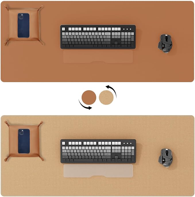 DAWNTREES Dual Sided Desk Mat,Leather Desk Pad,Brown Cork Desk Mat Protector,with PU Leather Valet Tray Organizer,Large Mouse Pad,Desk Writing Pad for Office and Home(31.5"x15.8")