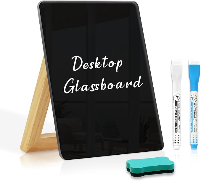 Desktop Black Glass Dry Erase Board, 9.5" x 6.7", Adjustable Wood Stand | Small Glass Whiteboard, Reusable Desk Notepad for Home Office