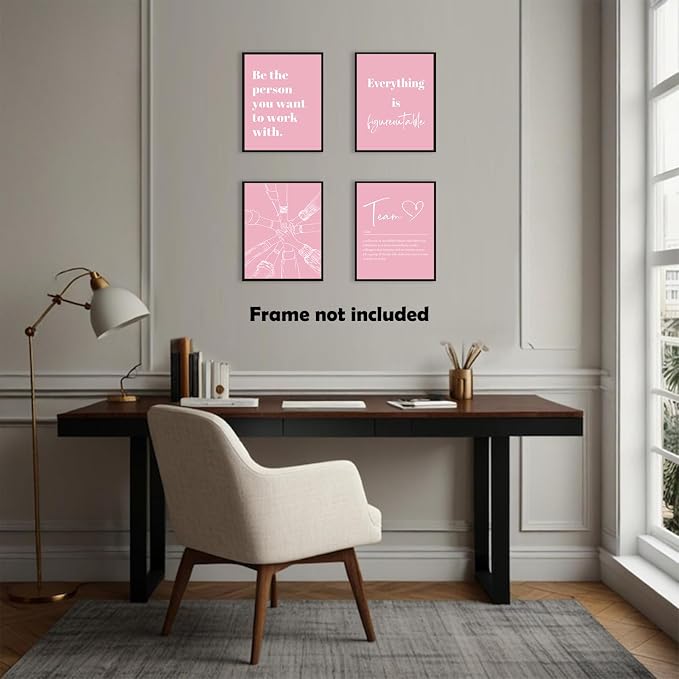 XWELLDAN Be The Person You Want to Work With Team Work Wall Art Decor, Inspirational Motivational Wall Decor for Office, Office Artwork Wall Decor, 8x10 Unframed Set of 4(light pink)