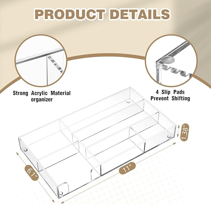 Briwooody Clear Acrylic Drawer Organizer,6 Compartments,Small | 11 x 6.1 x 1.38 Inche Desk Storage Tray Organizer for Pen, Stationery, Desktop, Office, Bathroom, Kitchen, Makeup Supplies