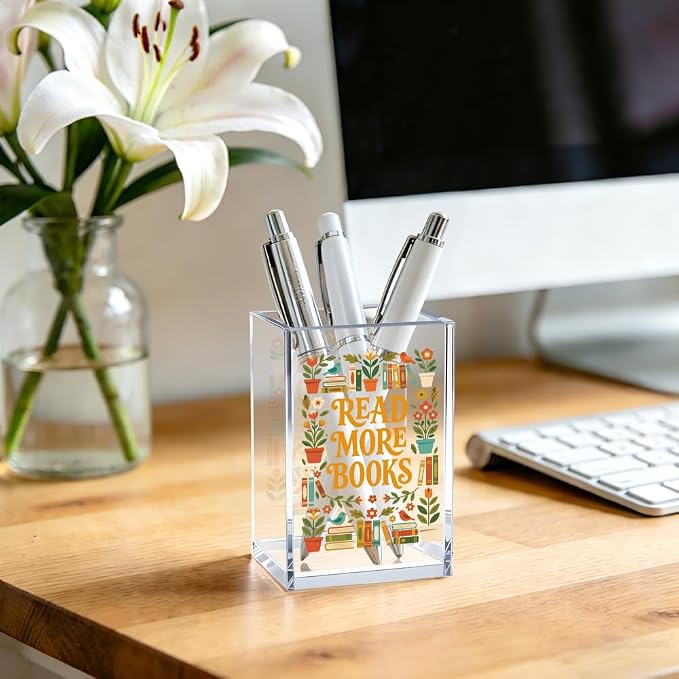 Read More Books Floral Acrylic Stationery Holder, Readers Book Lovers Clear Desktop Organizer for Office School Home Work Desk Accessories Gifts for Readers Teachers Women Girls