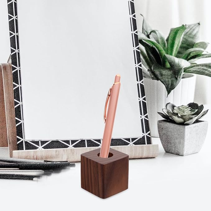 Walnut Wood Pen Holder Cube Stand 1.37 Inch Single Desk Organizer for Fountain Pen Ink Office Home School Use