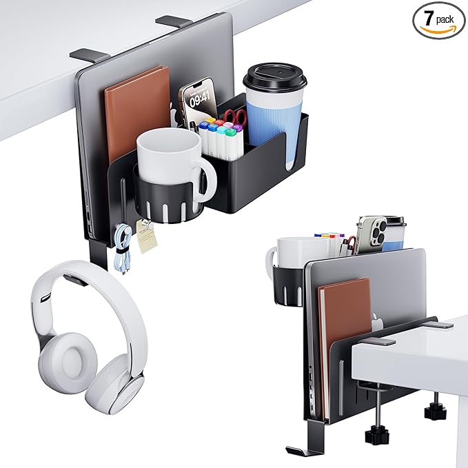 KDD 7 in 1 Desk Side Organizer Set, Under Desk Laptop Holder Storage, No Drill Laptop Stand Mount with 2 Cup Holder, Pen Holder, Headphone Hanger and 2 Pin Magnet, Detachable Hanging Stand