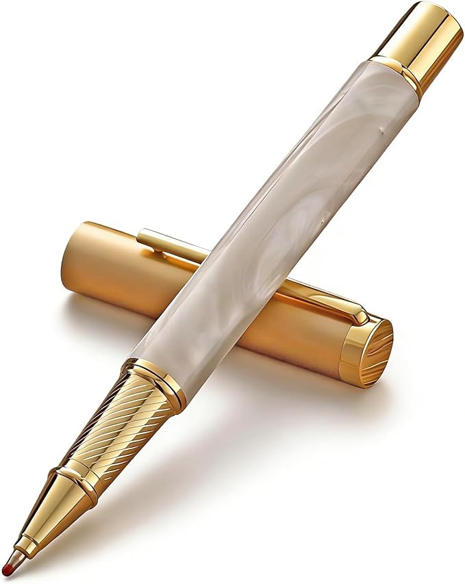 Luxury Rollerball Pen with Gold Trim, Elegant Resin Writing Instrument, Fine Point Black Ink Refill, Business Signature Pen with Metal Gift Box for Executive, Men, Women(White Ice River)