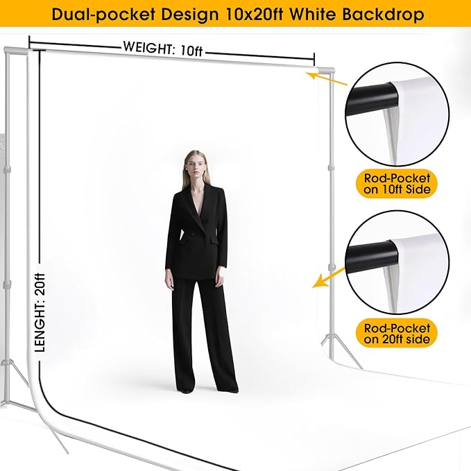 CPLIRIS 10x20ft White Backdrop for Photography, Dual-Size Dual-Pocket Design Photo Booth Background for Portrait Photoshoot, Party and Video with Both Options of 10 feet and 20 feet in Width
