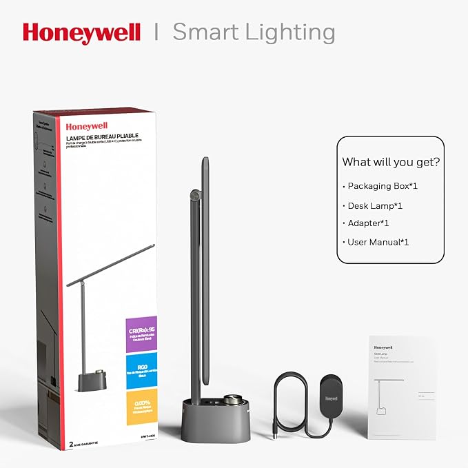 Honeywell LED Desk Lamp-Upgraded H01 Desk Lamps for Home Office with USB A+C Charging Ports,Stepless Dimmable Eye Caring Foldable Desk Light for Bedroom Bedside College Dorm(Grey)