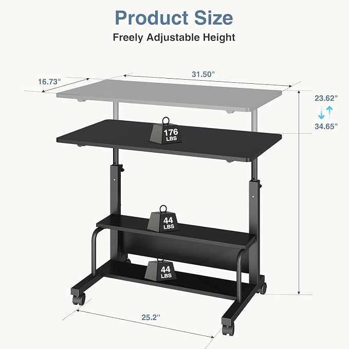 Simple Deluxe 31.5" Manual Standing Desk, Height Adjustable Mobile Computer Desk with Lockable Wheels & 2-Tier Storage, Rolling Laptop Table for Small Spaces & Home Office, Black