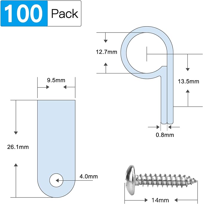 VIPMOON 100Pcs 1/2 Inch R-Type Cable Clamps, Nylon Plastic Cable Clips with Screws, Mounting Cord Fasteners for Electrical Wire Clamps Management, Black