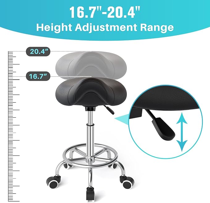 YEEZEE Saddle Stool Ergonomic, Saddle Chair with Wheels, Dark Black | Comfortable Wide Thick Saddle Seat Padding, 360°Swivel, Adjustable Height, Ring Pedal Design, for Medical Massage Salon Spa