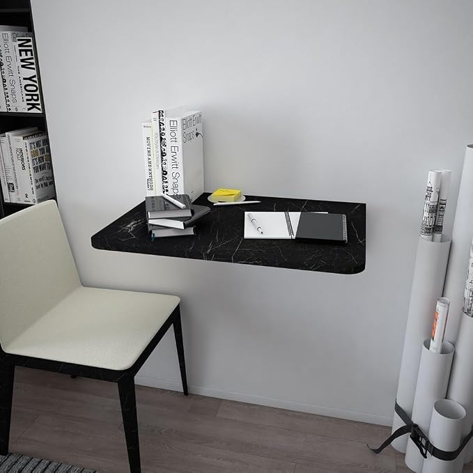 SUSSEXHOME Wall-Mounted Foldable Table - 28.3" x 17.7" Space-Saving Desk for Kitchen, Balcony, or Office (Marble Design)