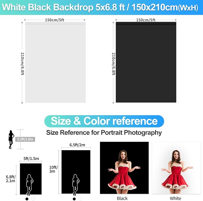 Black White Backdrop Screen with Stand Kit for Photo Video Studio Filming 5X6.5ft, Black Backdrop White Photo Curtain Background with T Shape Stand and 5 Spring Clamp for Photography Party Decorations