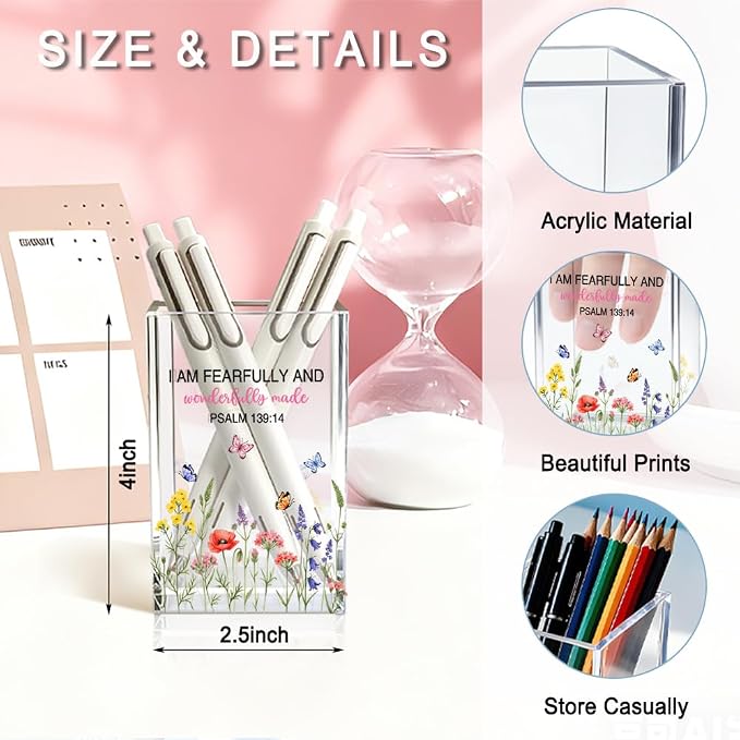 I Am Fearfully And Wonderfully Made Acrylic Pencil Pen Holder Cup, Psalm 139:14 Makeup Brush Storage Organizer, Cute Wildflowers Desk Accessories Holder, Graduation Gifts for Daughter Niece