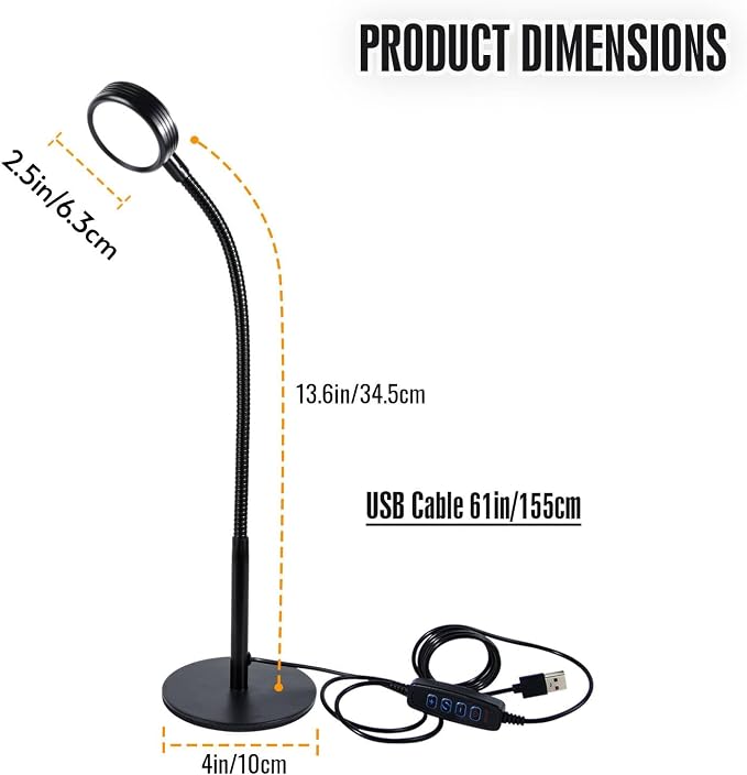 6W LED Desk Lamp with Gooseneck and US Adapter, CRI 90 | Metal Dimmable Reading Light, 3 Colors and 10 Brightness Levels, for Office Study