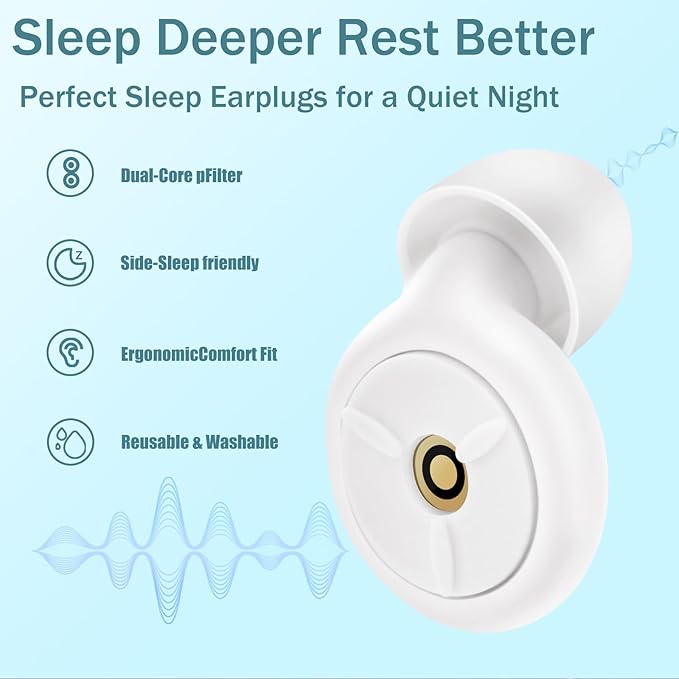Ear Plugs for Sleeping Noise Cancelling, Dual-Core Filter, Reusable Hearing Protection – Up to 48dB Noise Reduction, Flexible Silicone – Ideal for Sleep, Focus, (White, One Size)
