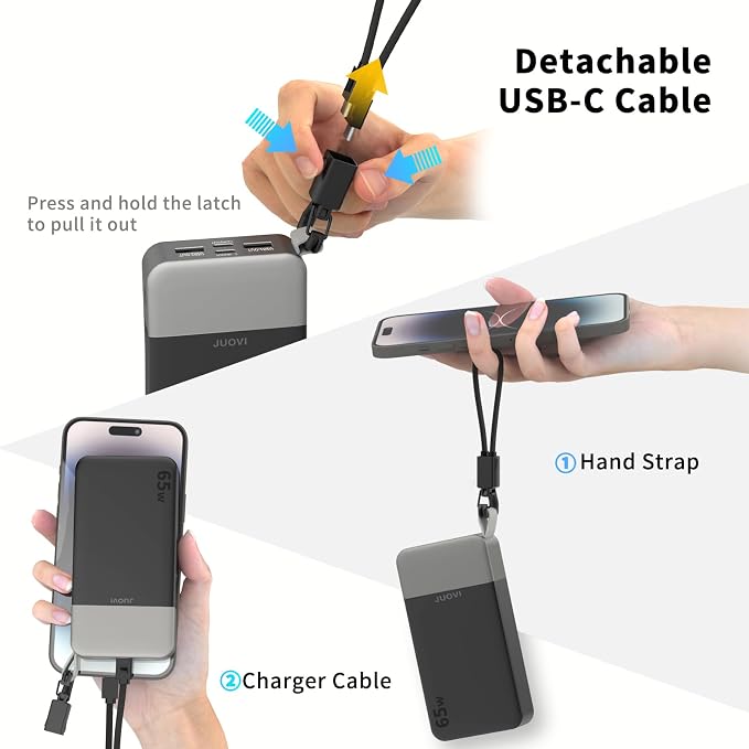 JUOVI Portable Charger, 65W Laptop Power Bank Fast Charging with Attached USB C Cable, 20000mAh Battery Pack Charger Portable, Powerbank for Laptop, for MacBook iPhone 17 16 Pro Samsung S26 and More