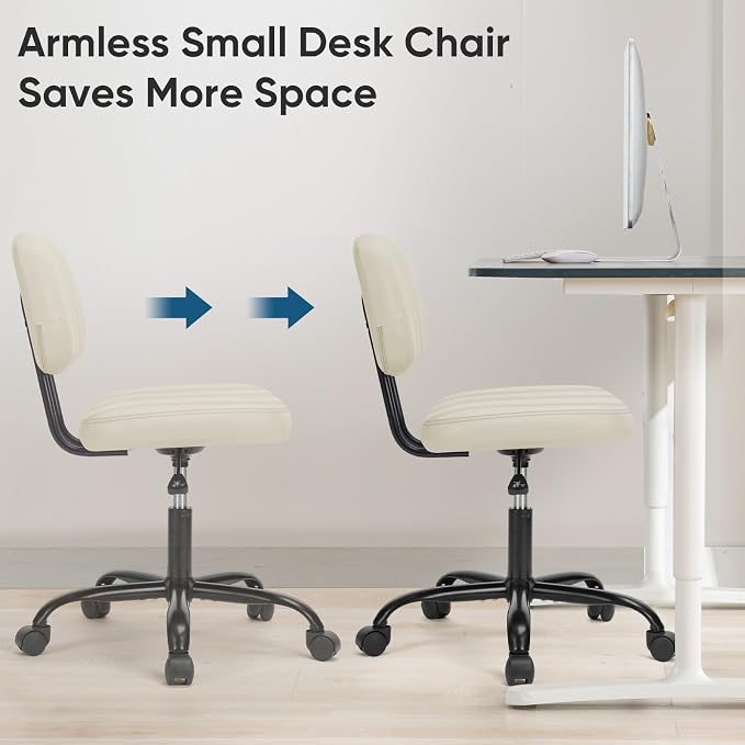 DUMOS Small Office Desk Chair, Armless Vanity Chair with Lumbar Support | PU Leather, 360° Rolling Task, Height Adjustable, Home Bedroom, Adult, Student, Beige White