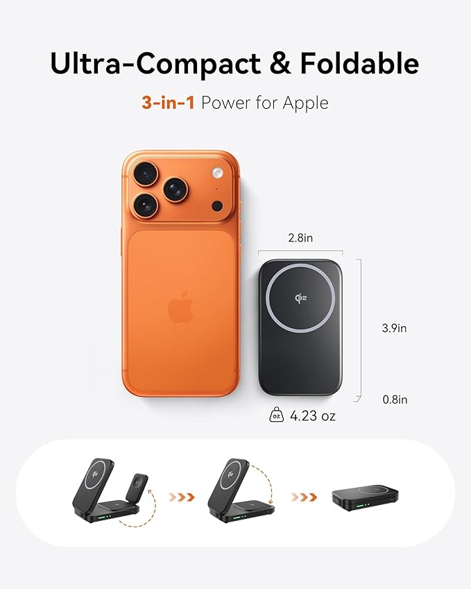 INIU 3 in 1 Foldable Wireless Charging Station, Original Qi2 Certified 15W Fast Mag-Safe Charger Stand for iPhone 17 16 15 14 13 12, Apple Watch, AirPods, Ideal for Travel Office Desk Accessories
