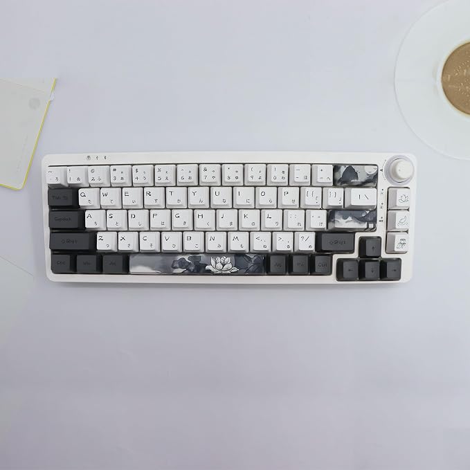 JSJT Ink Lotus Keycaps OEM Profile Japanese Keycaps 140 Keys PBT Dye Sublimation Custom Keycap Suitable for GK61/64/68/84/87/96/98 Cherry MX Switches ANSI/ISO Layout Mechanical Keyboards