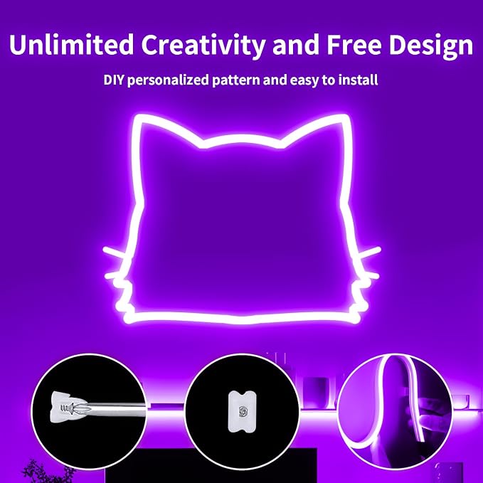 iNextStation 5M/16.4FT Purple Neon LED Strip Light, 12V Flexible Silicone Neon Rope Lights, IP65 Waterproof Cuttable LED Light with Mounting Clips for Gaming Room, Bedroom, DIY Decor (No Adapter)