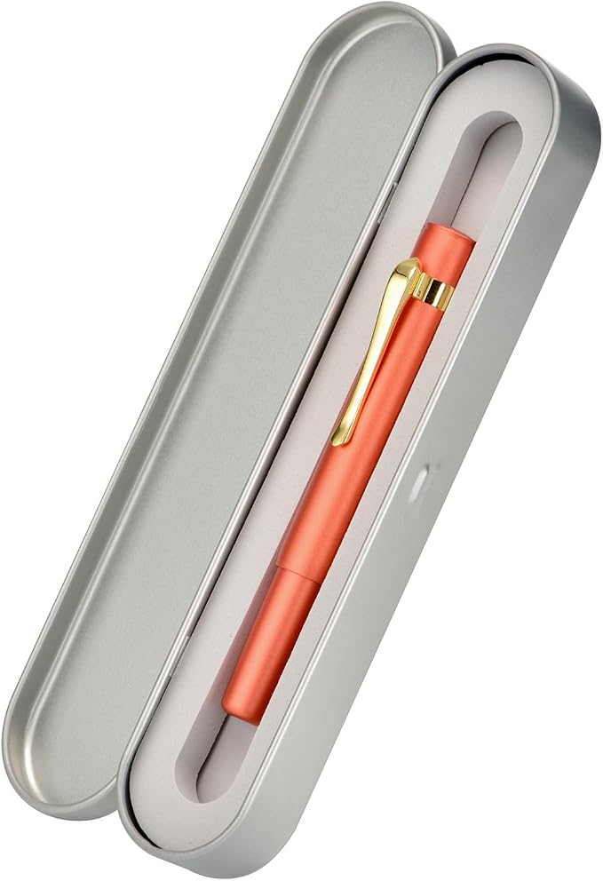 HONG DIAN M2 Black Forest Mini Fountain Pen, Long Blade Nib & Sleek Shape Aluminium Short Pocket Travel Pen (Orange Red)