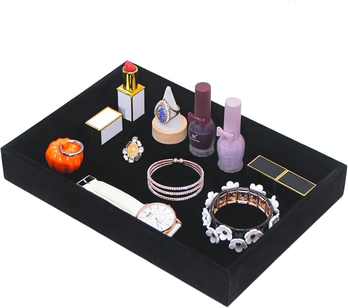 Bedside Organizer Tray, Desktop Storage Tray for Jewelry, Sunglass, Phone, Watch, Perfume,Lipstick, Nightstand Desk-top Catchall, Multi-use Holder Box for Desk Drawer (Black 1Grid)