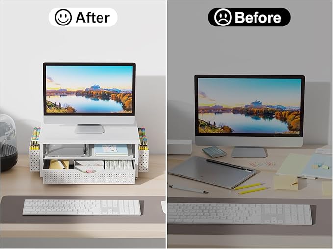 gianotter Desk Organizers and Accessories, Monitor Stand with Drawer and 2 Pen Holder, Desktop Organizer Suitable for Offices and Dormitories (White-Plain)